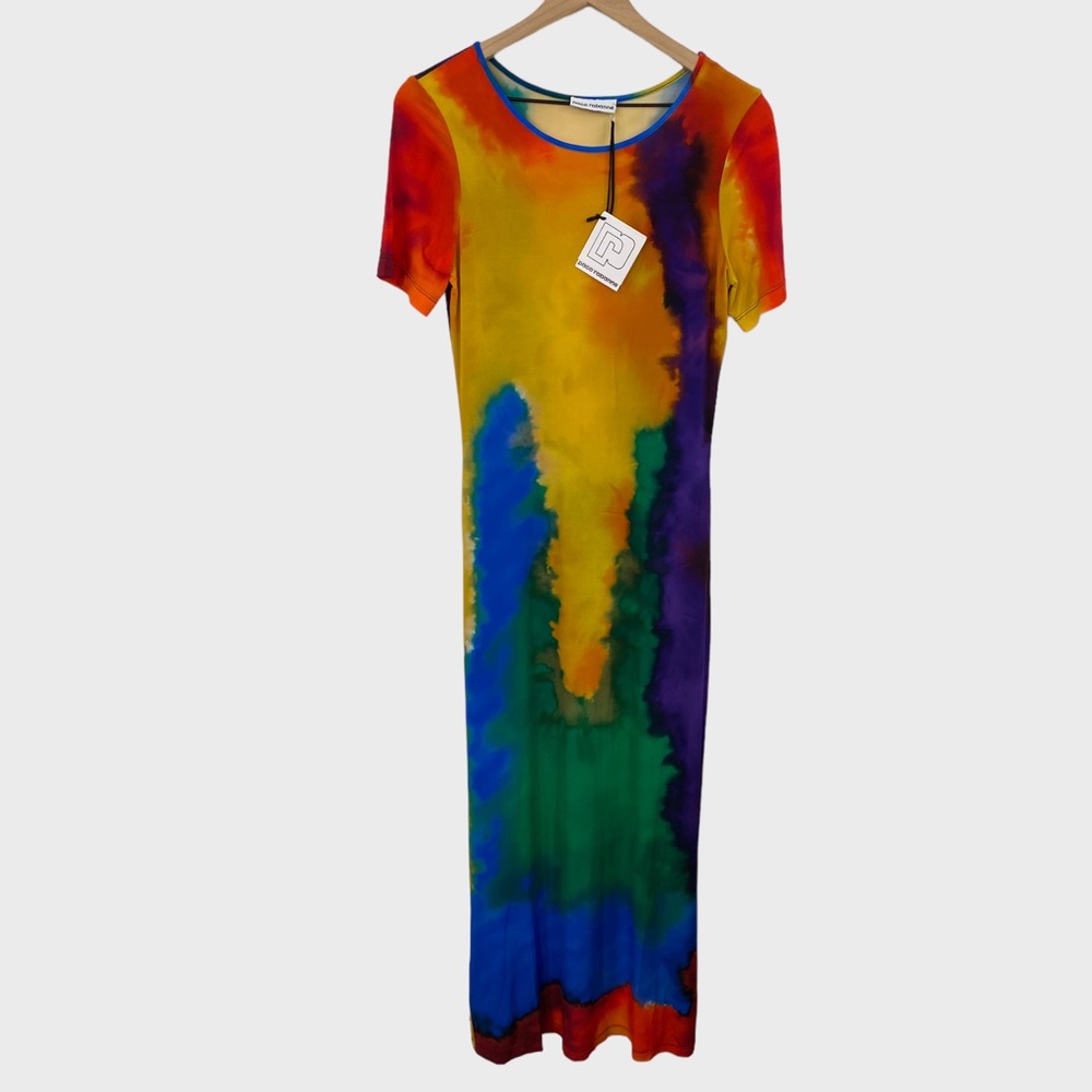 Paco Rabanne Rainbow Colorful Semi-sheer Stretchy Short Sleeve Maxi Dress NWT
